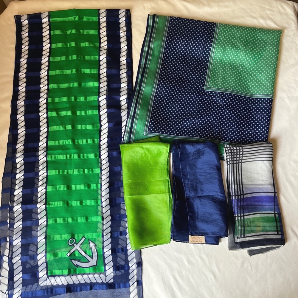 Lot of 5 Vintage Scarves Silk Navy Green Nautical Anchor Polka Dot Plaid